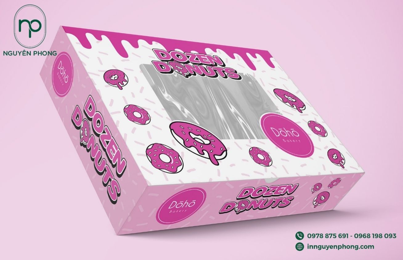 Mẫu hộp đựng bánh donut cán màng mica